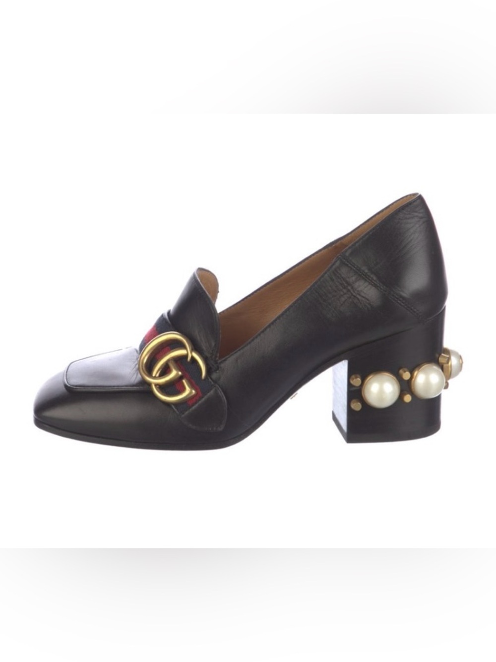 Gucci Black Leather GG Pearl Studded Loafer Pumps Size 5